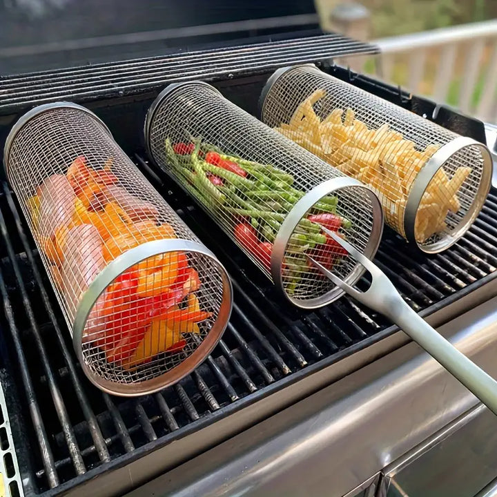 Universel grillkurv i rustfrit stål til kød, fisk og grøntsager. Perfekt grilltilbehør til udendørs madlavning.