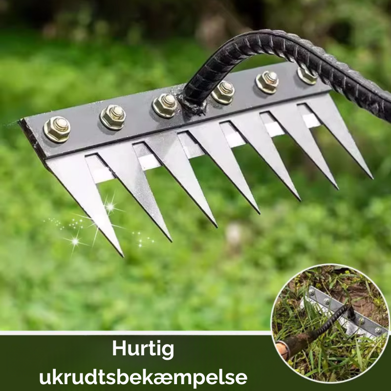 Detaljebillede af havehakkens skarpe blad i kulstofstål, perfekt til præcis ukrudtsfjernelse og jordbearbejdning.