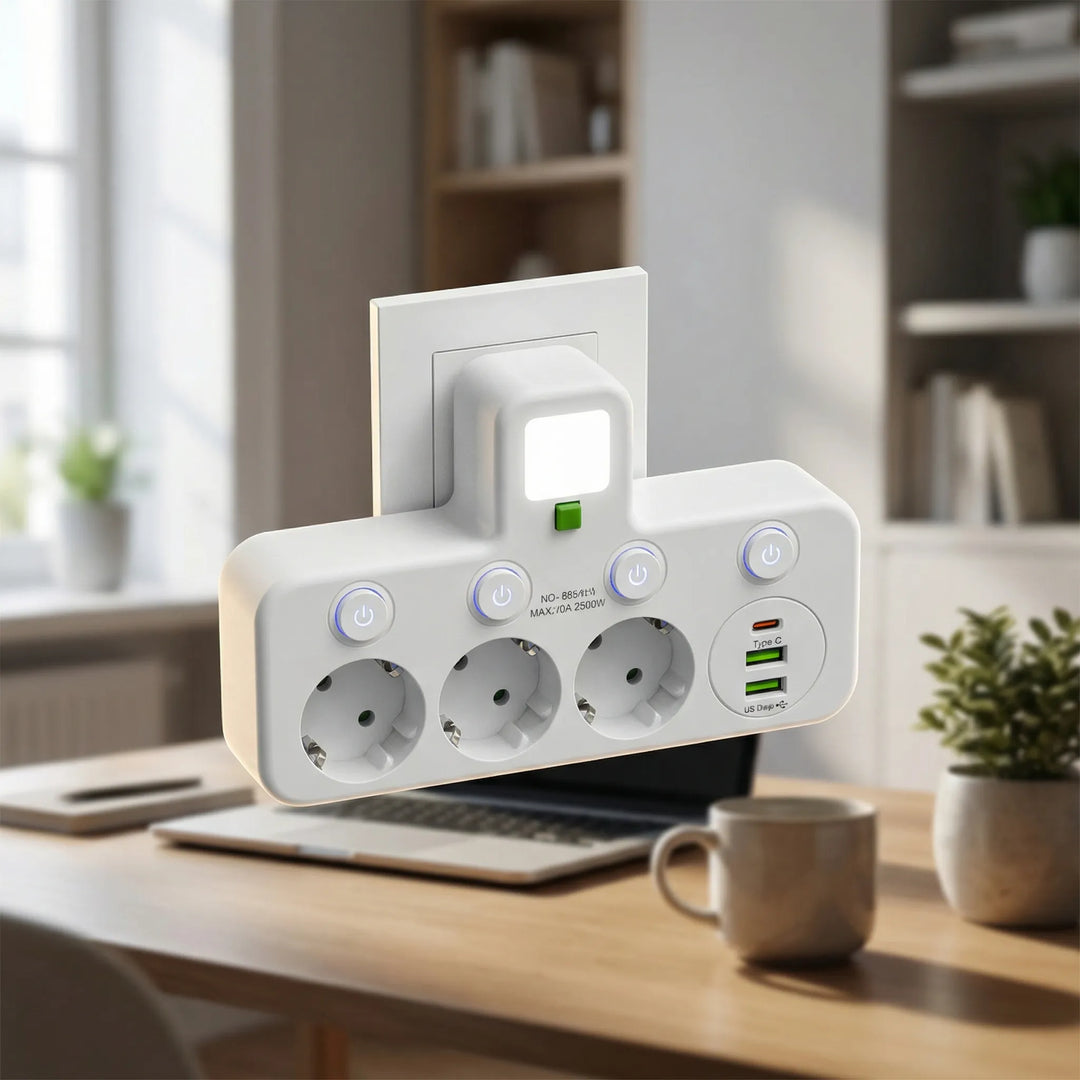 Vægmonteret stikdåse med USB-opladere til nem organisering af strøm og kabler.