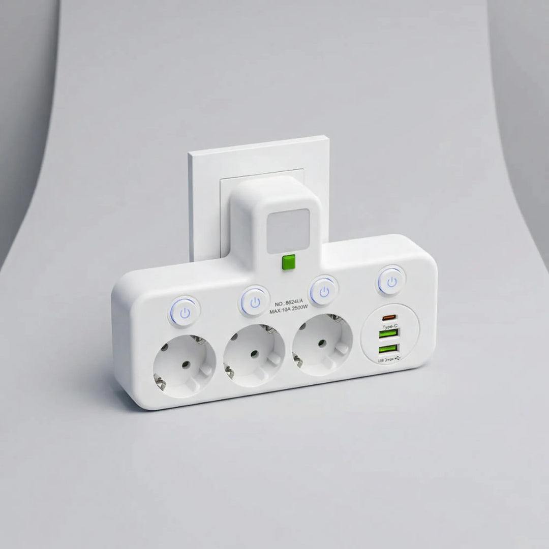 Praktisk vægmonteret stikdåse med USB-porte. Perfekt til hjemmekontoret og kabelstyring.