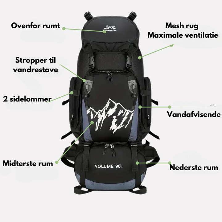 Vandtæt 90L rygsæk til udendørs eventyr i grøn, rød eller sort. Robust design med komfortable remme og flere rum.