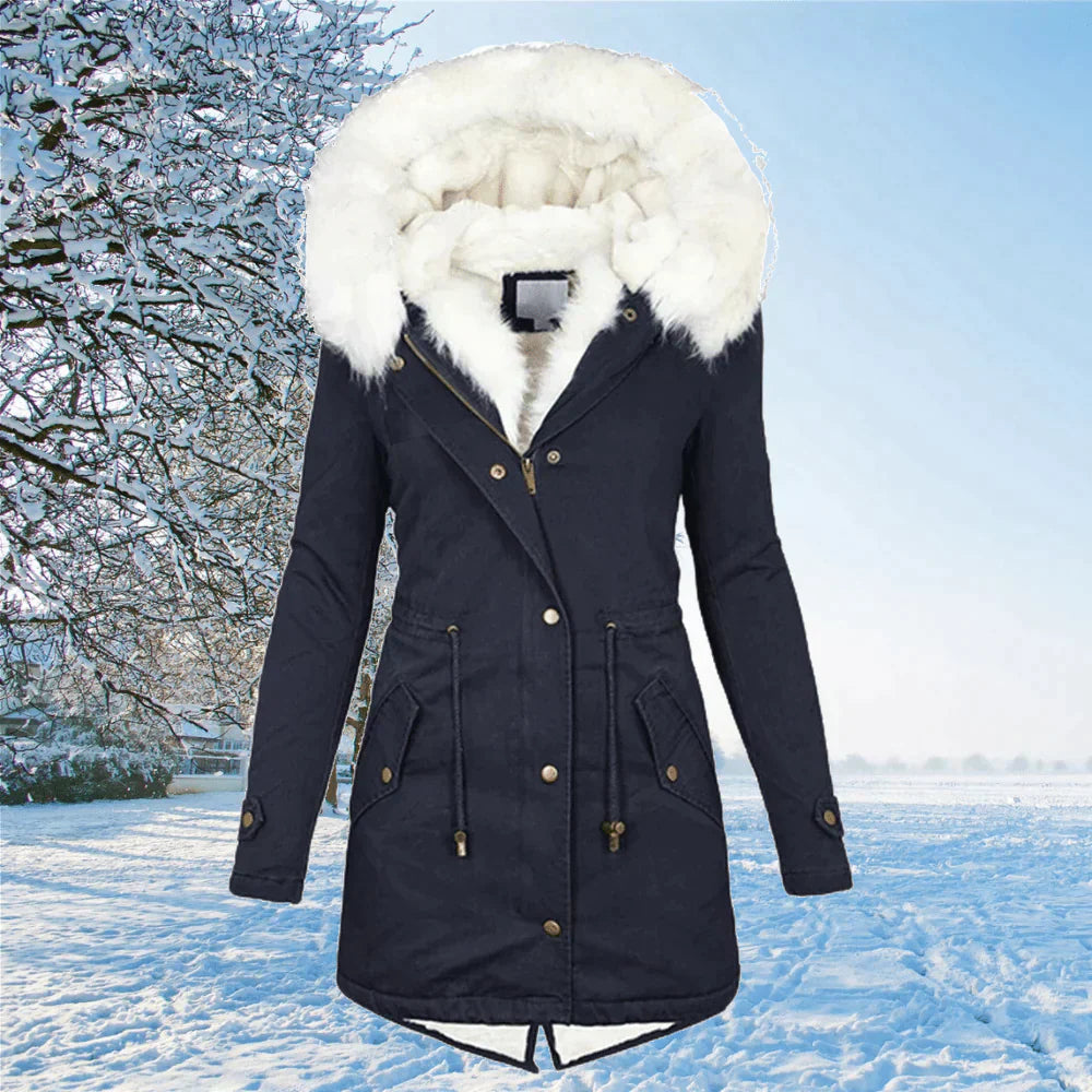 Elegant lang dame parka vinterjakke med varm hætte. Perfekt til udendørs fashion & komfort i kulden.