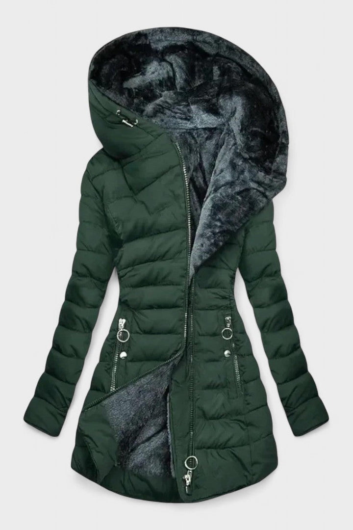 Elegant kunstpelsjakke til damer; et komfortabelt og trendy overtøj til vinteren.