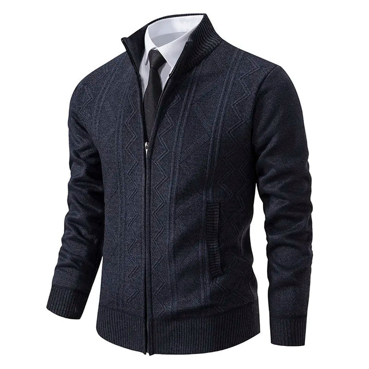 Varm herrestrik cardigan med lynlås, elegant og praktisk til de kølige vinterdage.