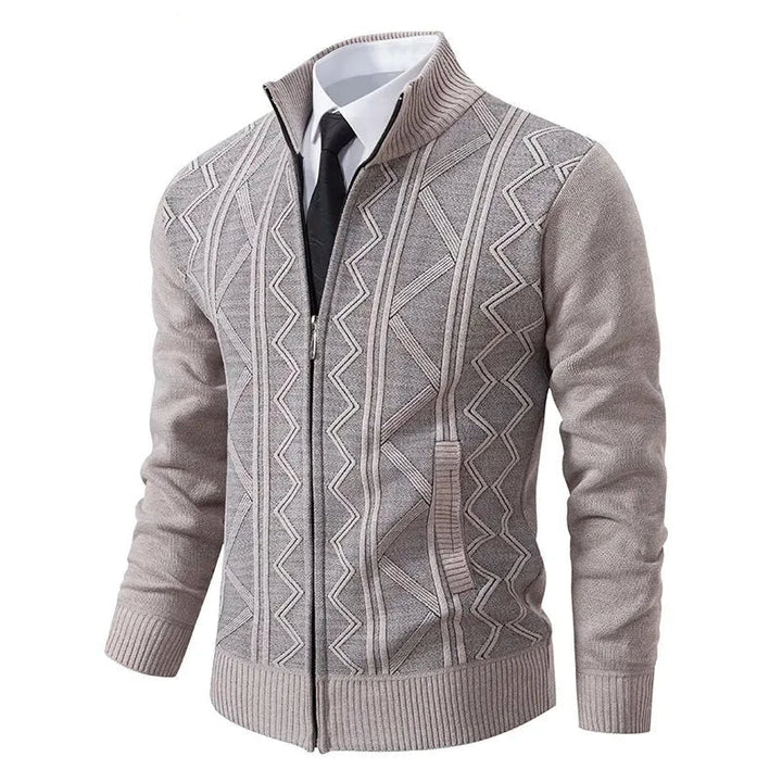 Herrecardigan med lynlås, strikket og varm, perfekt som stilfuld gaveidé til vinter.
