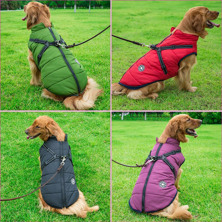 Beskyttende og varm vinterjakke til hund med integreret sele, gør gåturen nem og behagelig.