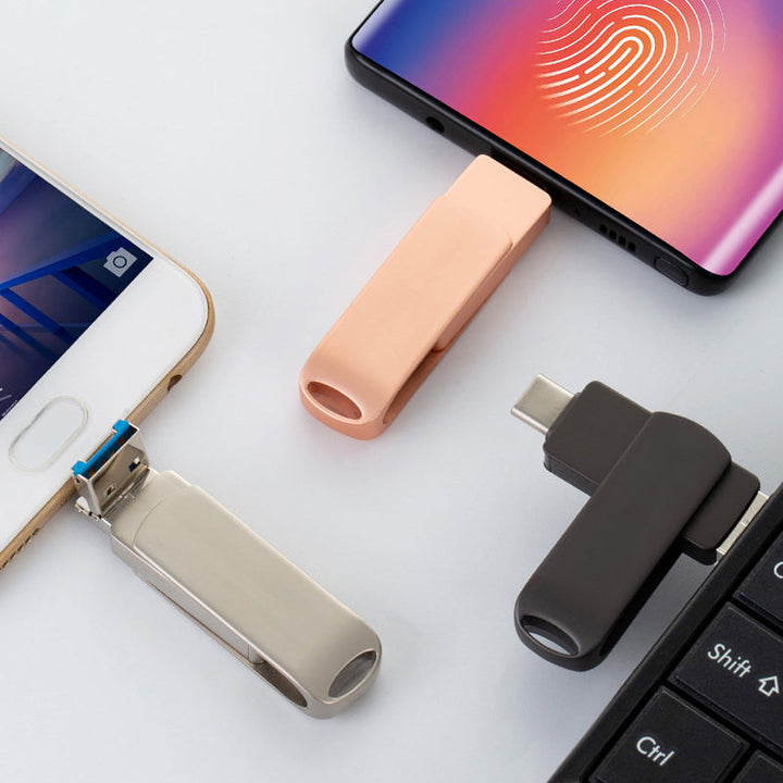 VersaLink 4-i-1 universal filoverførsel og USB-lagringsenhed med USB-C, Lightning, Micro-USB.