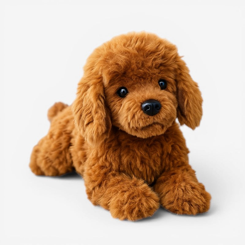 Virkelighedstro blød brun plyshund til børn. Perfekt krammedyr og børnelegetøj. En sød og realistisk bamse.