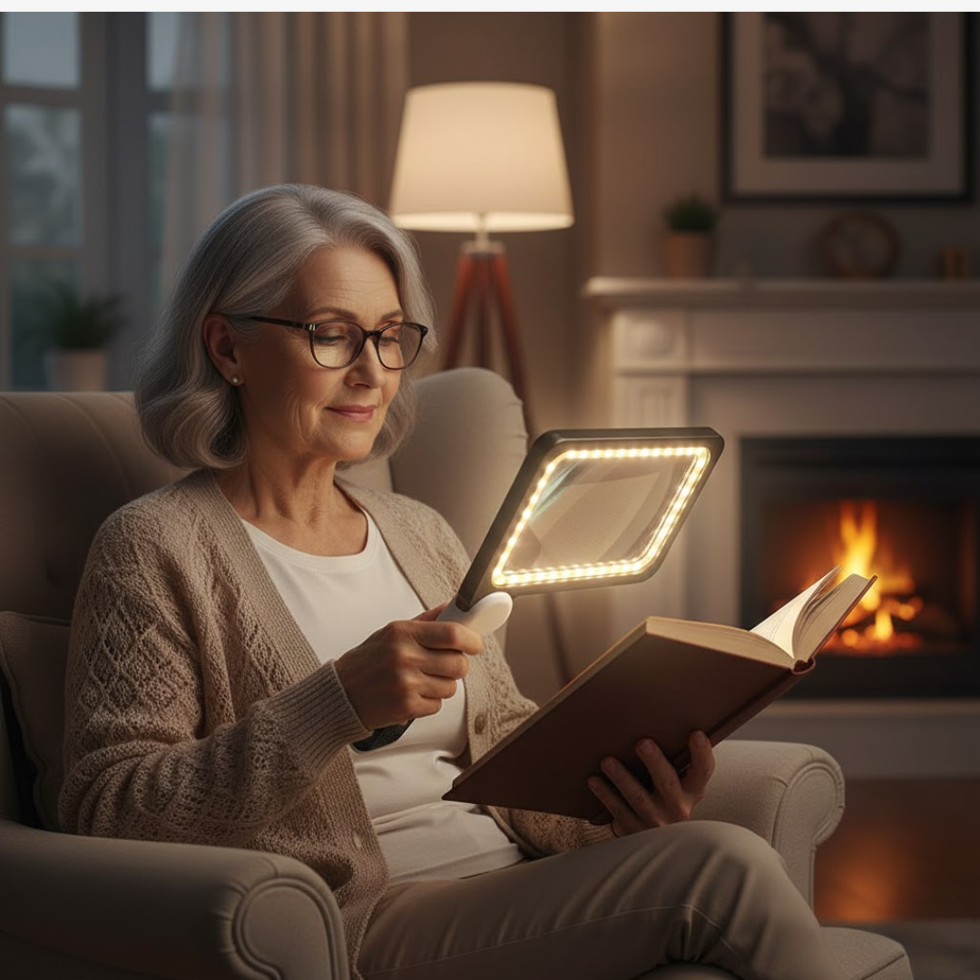 Forstørrelsesglas med skarpt LED-lys for optimal klarhed ved læsning og præcisionsarbejde i mørke.