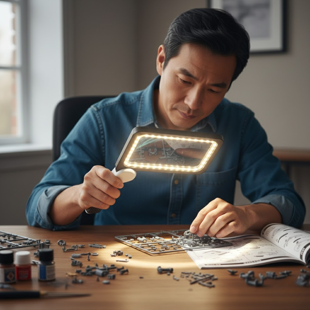 ZoomLight forstørrelsesglas med LED-lys hjælper ældre med klar læsning og detaljeret hobbyarbejde.
